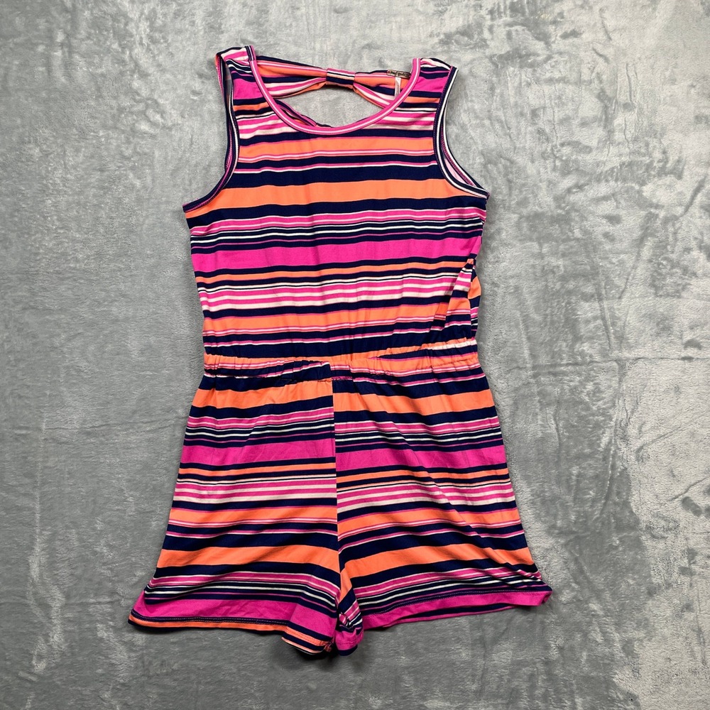 Poof Girl Romper Women L Pink Orange Striped Sleeveless Cutout‎ Back Bow Detail